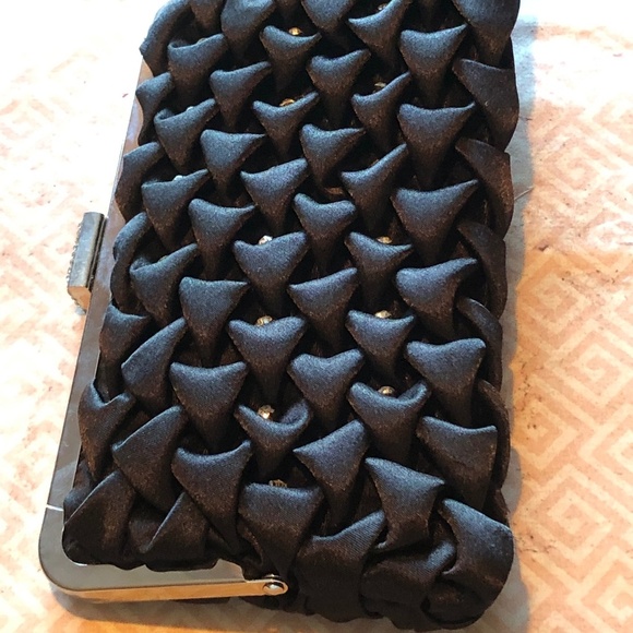 Black quilted like clutch, with metal snap closure, pearls, , chain and bling. - Picture 2 of 5